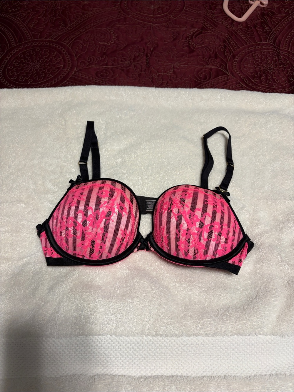 Victoria's Secret Hot Pink and Black Lace-Trim Push-Up Bra